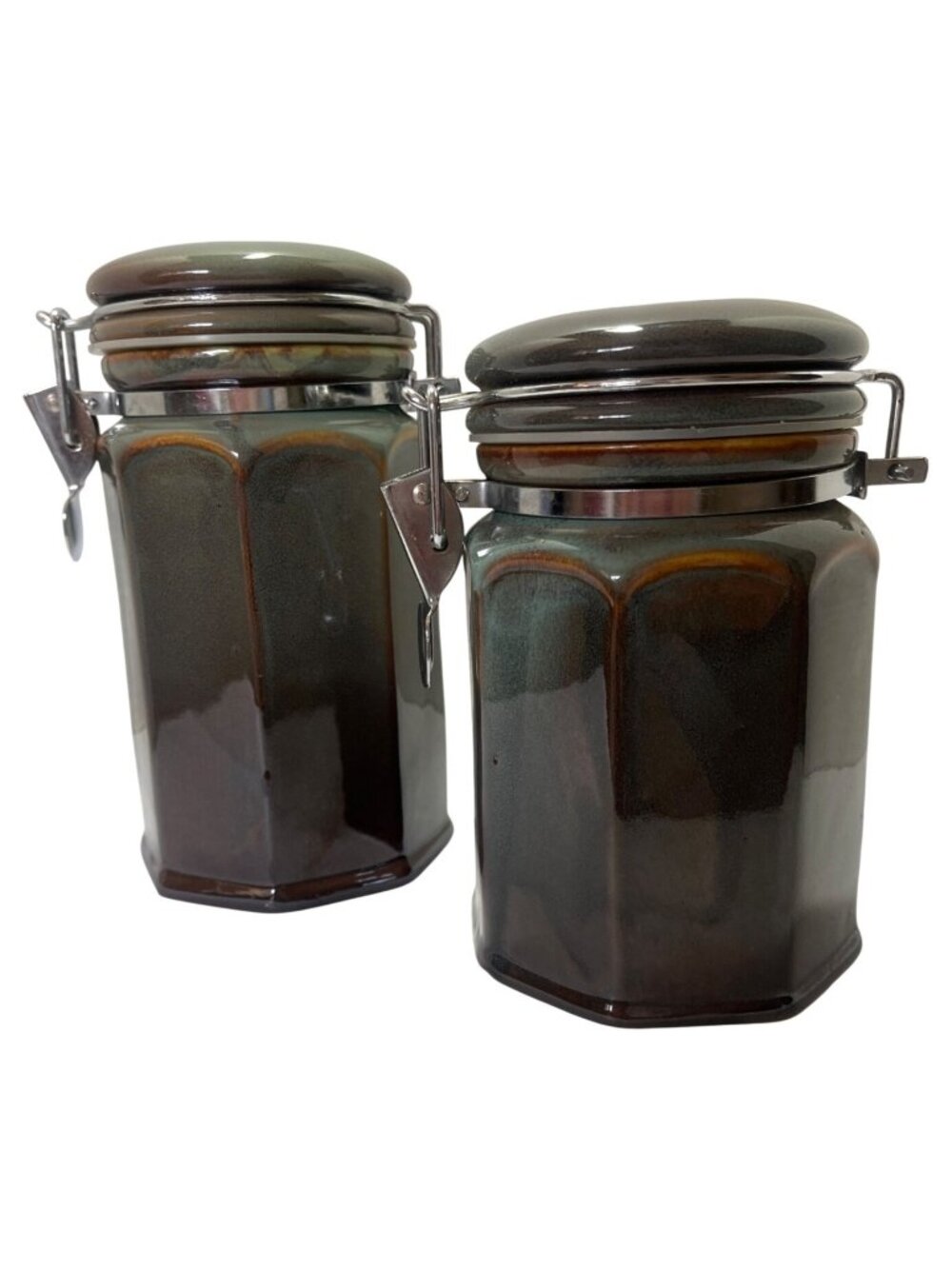 Pier 1 Six Inch Ceramic Hexagonal Canister with Latch Lid in Brown & Green Glaze